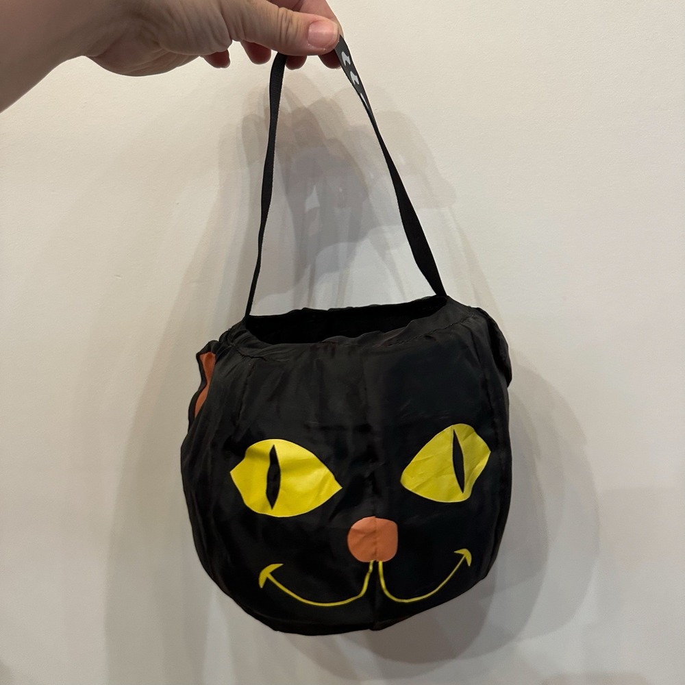 Vintage 2006 Gemmy Collapsible Halloween Candy Bucket Pail Bag Black Cat Kitty